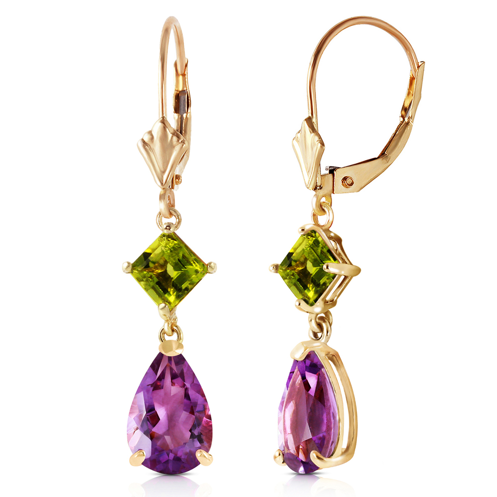 14K. GOLD LEVERBACK EARRING WITH AMETHYSTS & PERIDOTS (Yellow Gold) - Picture 3 of 3